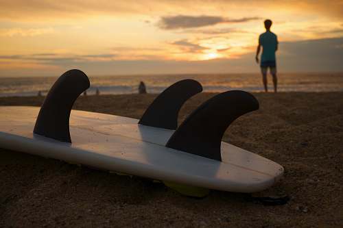 surf white and black surfboard on white sand during sunsetr surf board