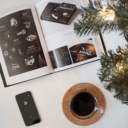 pottery photo of space gray iPhone 8 beside glass and brochure potted plant