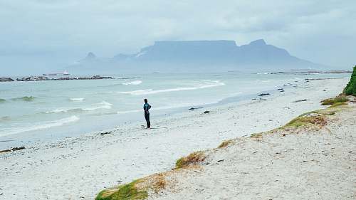 ocean person standing on shore near mountain covering of fogs at daytime sea