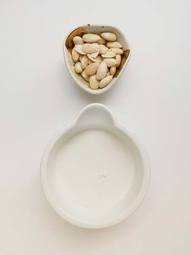 plant flat lay photography of an empty bowl and a bowl of white seeds bowl