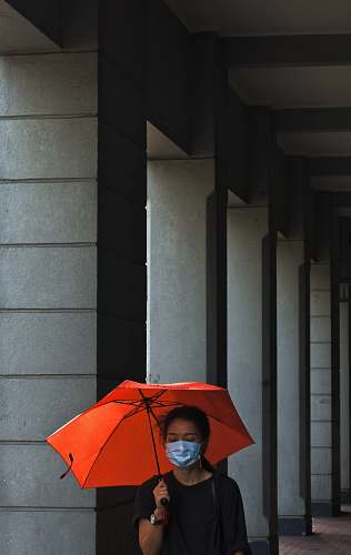 canopy women's holding umbrella beside post umbrella