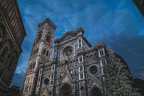 building worm's eye view of vintage cathedral church