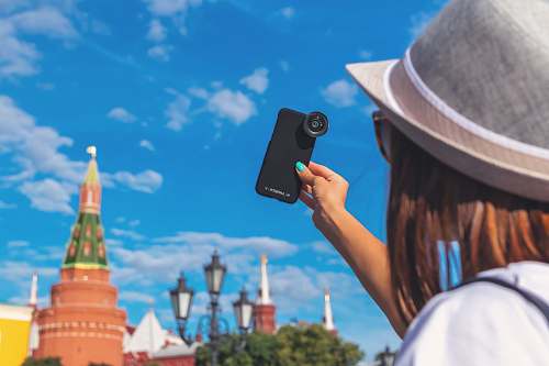 clothing woman taking self portrait with clip-on zoom lens in smartphone hat
