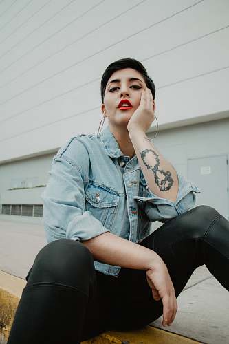 clothing woman wearing denim jacket pants