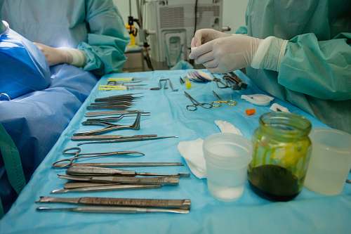 hospital gray metal tool set close-up photography operating theatre