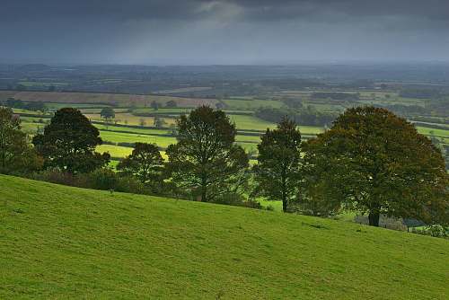 nature green trees and hill under heavy cloud grassland