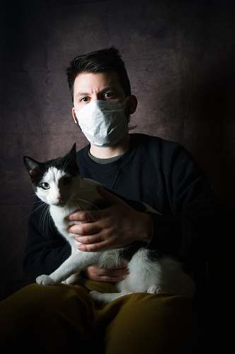 person man in black long sleeve shirt holding white and black cat doctor