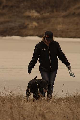 person man walking with his dog during daytime apparel