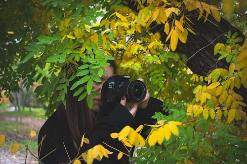 person woman taking photo beside tree camera