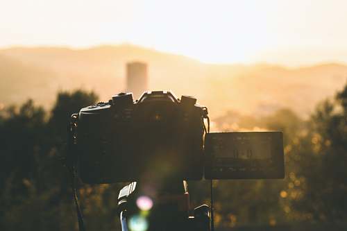 photo black DSLR camera facing trees photographer