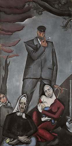person man in black suit jacket beside woman in red dress painting human