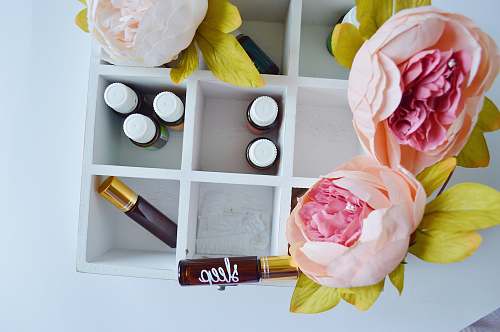 flower several vials in white wooden organizer shelf dish