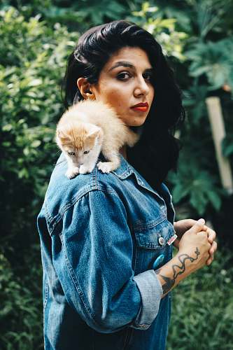 human orange kitten on woman's shoulder during daytime person