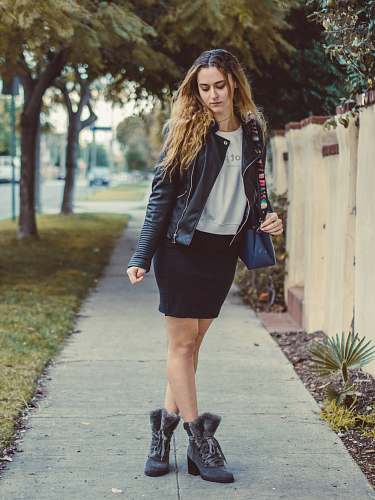 clothing women's white crew-neck shirt and black leather jacket apparel