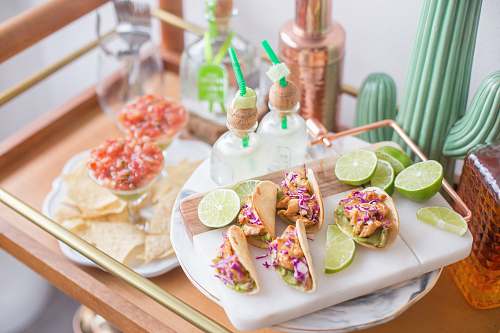dessert tuna salad on pita bread served on wooden board tray