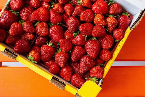 fruit red strawberries on yellow plastic container plant