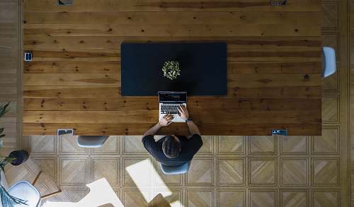 work man wearing black shirt sitting on chair using laptop person