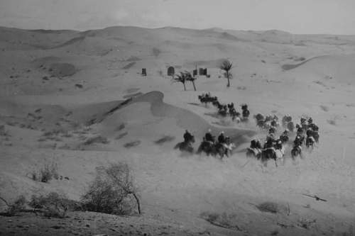 grey grayscale photo of men riding horses on desert outdoors