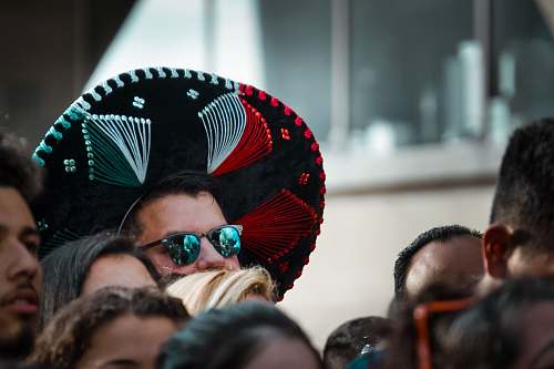 apparel person wearing sunglasses and multicolored hat accessories