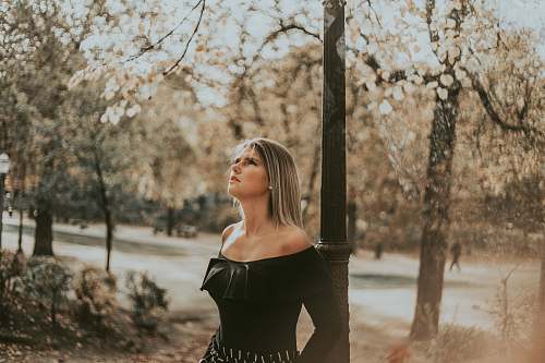 apparel woman in black off shoulder dress standing near tree fashion