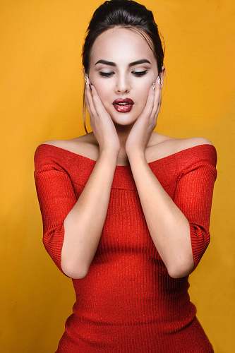 clothing woman wearing red off-shoulder elbow-sleeved dress apparel