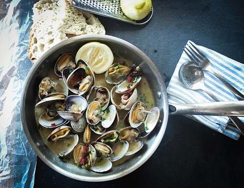 seafood round silver steel bowl with scallops clam