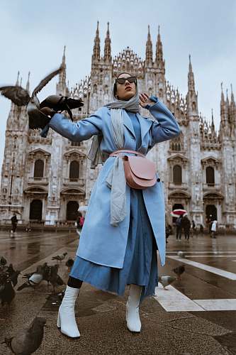 human woman near pigeons person