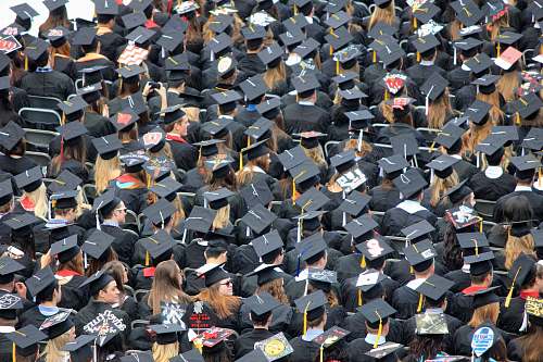 graduation aerial view of graduates wearing hats crowd