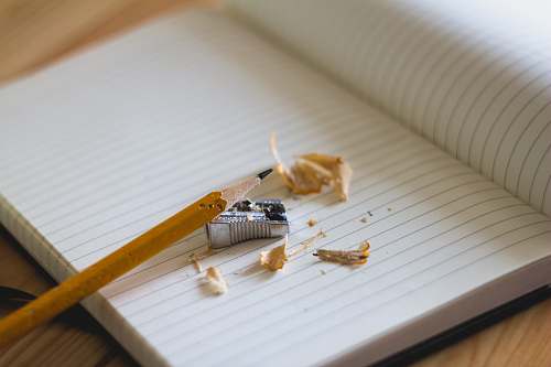 work pencil and sharpener on notebook page school