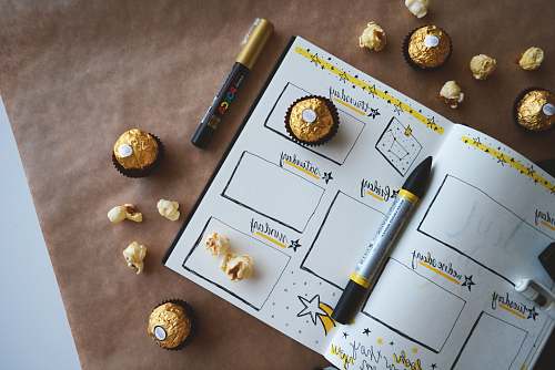 snack black marker pen on open book popcorn