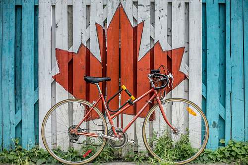 canada red road bike beside red and white wooden maple leaf painted wall bike