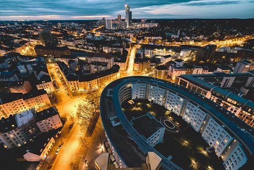 aerial photography of buildings at nighttime