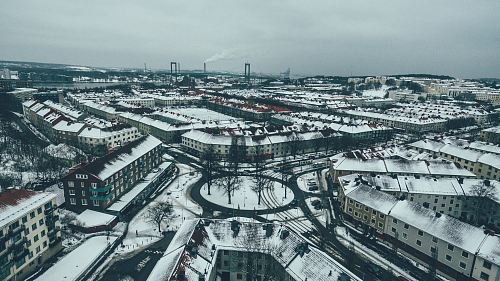 aerial view of building covered by snow