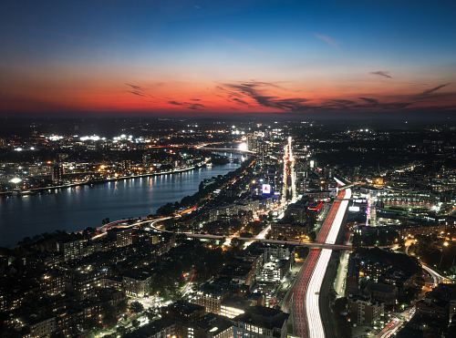 aerial view of lighted buildings