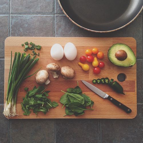 avocado, tomatoes, eggs, mushrooms, spring onions, and leaves
