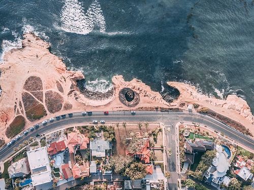 bird's eye view of sea and town