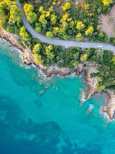 bird's-eye view photography of road in forest