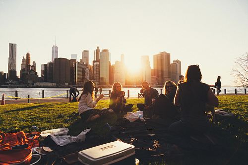 people sitting on grass field