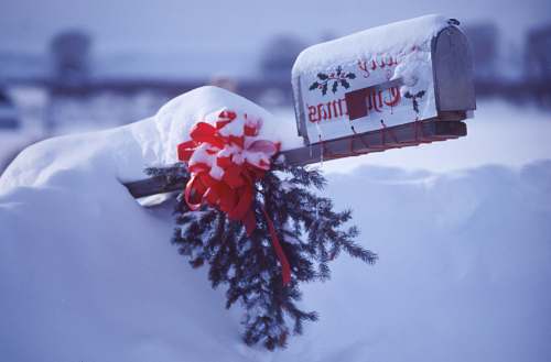 winter white and red mailbox covering snow red