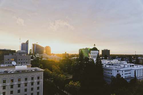 city aerial photography of city with high-rise buildings under white and yellow sky during daytime office building