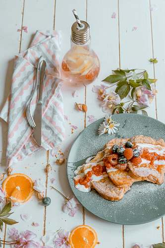 breakfast flat lay photography of bread on gray plate meal