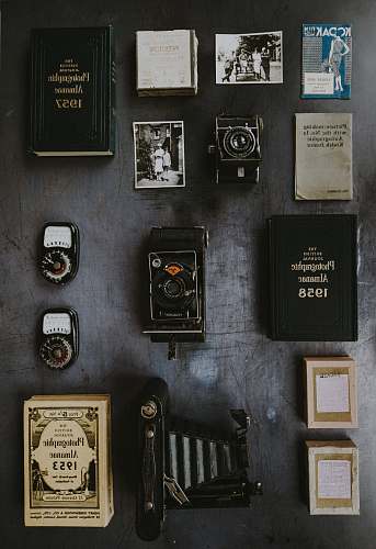 camera flat lay photography of classic cameras and films gear