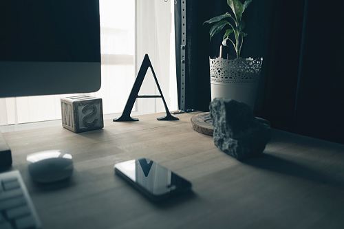 black smartphone near stone, mouse, and plant pot