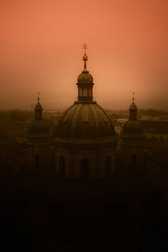 cathedral under red sky