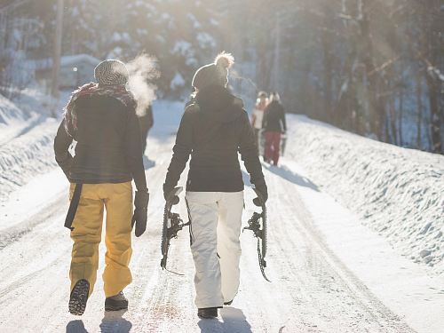 person holding snow ski blades while walking on snowy mountain during daytime