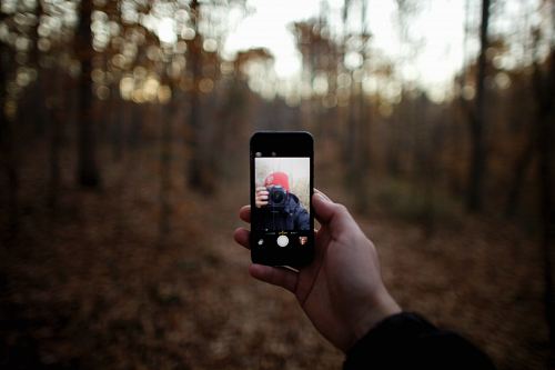 person taking selfie in forest