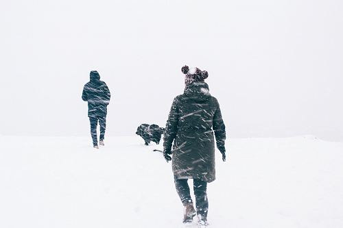 photo of two person wearing black jacket walking on snowy weather