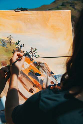 canvas woman painting tree and cliff art