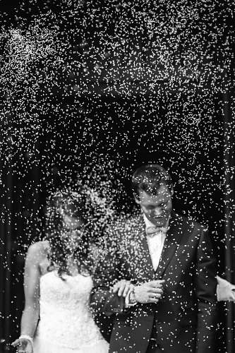 wedding grayscale photography of bride and groom couple