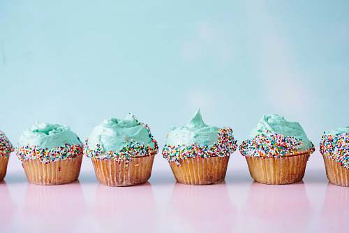 food six teal icing cupcakes with sprinkles dessert
